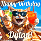A cheerful cat wearing sunglasses, enjoying drinks on a sunny beach chair, with the text 'Happy Birthday Dylan!' in bright letters.