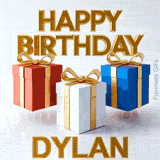 Seamlessly looping animation of bouncing red, white, and blue gift packages with elegant gold text saying Happy Birthday Dylan