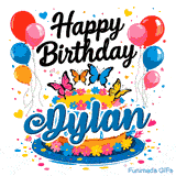 Flying butterflies in shades of blue, yellow, and pink on top of a decorated birthday cake with Dylan's name.