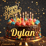 Elegant birthday GIF with the name Dylan on a chocolate cake surrounded by flickering candlelight and golden stars.
