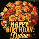 Animated bouquet of orange roses with moving butterfles and golden 'Happy Birthday Dylan' text, surrounded by sparkling accents and a dark backdrop for a luxurious feel.