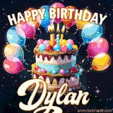 Bright birthday animation for Dylan with a chocolate cake, candles, balloons, and glowing celebratory lights.