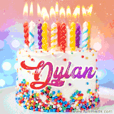 A cheerful white birthday cake with multicolor sprinkles, lit candles, and 'Dylan' written in vibrant letters, in an animated GIF.