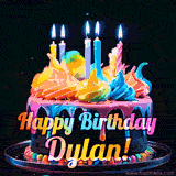 A mesmerizing animated cake with multicolor frosting and candles, and the words 'Happy Birthday Dylan' on the black background.