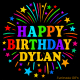 Personalized greeting card with name, colorful text that says 'Happy Birthday Dylan' surrounded by animated fireworks and multicolor stars
