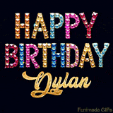 Vibrant luxury birthday greeting card for Dylan, showing glittering gemstone letters and golden calligraphy on a dark background with twinkling shine effects.