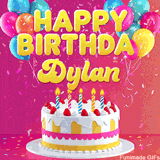 Pink-themed animated greeting with balloons, confetti, and a frosted cake under the message 'Happy Birthday Dylan' in bold rounded yellow font.