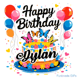 An animated birthday card for Dylan. It features a festive cake with her name, 'Dylan', and colorful butterflies. Floating balloons and hearts complete the joyful scene.