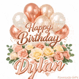 Elegant animated Happy Birthday Dylan image featuring soft pink roses and balloons