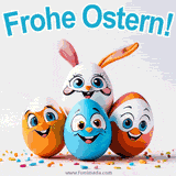 Ein niedlicher Osterhase hält ein Ei mit einem rosa Band, umgeben von dekorierten Eiern und Blumen, mit dem Text 'Frohe Ostern' darüber.