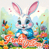 Ein Osterkorb voller bunter Eier und Frühlingsblumen, mit dem Text 'Frohe Ostern!' darüber, in funkelnden Buchstaben.
