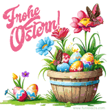 Ein weißer Hase sitzt neben bunten Ostereiern, und der Text 'Frohe Ostern' erscheint in verspielten, bunten Buchstaben.