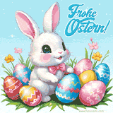 Ein süßer Hase umgeben von bunten Blumen und Ostereiern, der Text 'Frohe Ostern' erscheint in lebhaften Farben und verleiht der Szene eine festliche Atmosphäre.