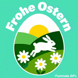 Flaches Design eines Osterhasen, der durch eine grüne Landschaft mit weißen Blumen springt. Die Szene ist in ein Osterei gerahmt, platziert auf einem hellen, türkisfarbenen Hintergrund.