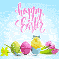 Pastel Color Easter Card with Cute Chick, Eggs and Tulips
