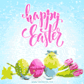 Pastel Color Easter GIF with Cute Chick, Eggs and Tulips