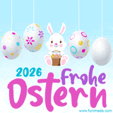 Ein niedlicher Osterhase umgeben von bunten Eiern, mit dem Text 'Frohe Ostern 2026' und einem pastellfarbenen Hintergrund, der eine festliche Stimmung verbreitet.