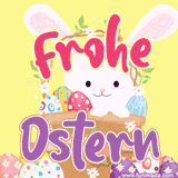 Ein fröhlicher Osterhase hält einen Korb mit bunten Eiern, der Text 'Frohe Ostern' erscheint in verspielten Buchstaben. Der Hintergrund ist in sanften Pastelltönen.