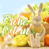 Ein Osterhase sitzt neben bunten Eiern und der Text 'Frohe Ostern' erscheint in kräftigen Farben vor einem grünen Hintergrund mit frühlingshaften Blumen.