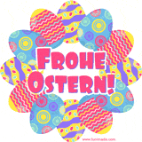 Ein Muster von bunten, dekorierten Ostereiern, umrahmt vom Text 'Frohe Ostern!', der in verspielten Schriftzügen erscheint. Der Hintergrund ist von Blumen und sanften Farben umgeben.