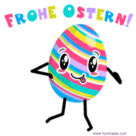 Ein niedliches animiertes Ei mit einem Gesicht tanzt fröhlich und streckt die Arme aus. Der Text 'Frohe Ostern!' erscheint in bunten Buchstaben darüber.