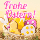 Ein Korb voller mit Zuckerguss verzierten Osterplätzchen in Form von Hasen und Eiern. Der Text 'Frohe Ostern!' erscheint funkelnd im oberen Bereich.