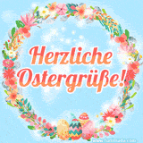 Ein bunter Blumenkranz umrahmt die Worte 'Herzliche Ostergrüße!' in festlichen Farben. Der Hintergrund ist von Pastellfarben und Frühlingsblumen durchzogen.