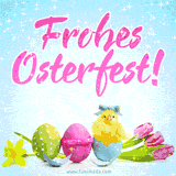 Ein fröhliches Osterfest mit bunten Eiern, einem gelben Küken und dem Text 'Frohes Osterfest!' in leuchtenden Farben und glitzernden Effekten.