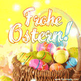 Ein Osterkorb voll mit bunten Eiern und das leuchtende 'Frohe Ostern!' darüber. Der Hintergrund zeigt sanfte Frühlingsfarben und Blüten.