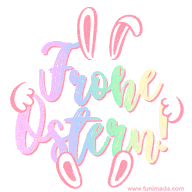 Der Text 'Frohe Ostern' in pastellfarbenen Regenbogenfarben, umrahmt von niedlichen Hasenohren, auf weißem Hintergrund.
