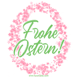 Ein pinker Blumenkranz umrahmt den Text 'Frohe Ostern' in grüner Farbe, was einen eleganten und sanften Ostergruß vermittelt.