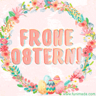 Ein Osterkranz aus Blumen umgibt bunte Ostereier und der Text 'Frohe Ostern' wird in fröhlichen Farben angezeigt.