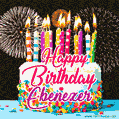 Amazing Animated GIF Image for Ebenezer with Birthday Cake and Fireworks