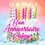 A white birthday cake covered in colorful sprinkles, topped with bright candles, and French text 'Bon Anniversaire Ebony' on a pastel gradient background in an animated GIF.