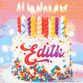 Personalized for Edith elegant birthday cake adorned with rainbow sprinkles, colorful candles and glitter