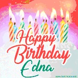 Bright birthday candles with rainbow flames on a cake, alongside the text 'Happy Birthday Edna' in vibrant script in this celebratory animated GIF.