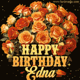 Animated bouquet of orange roses with moving butterfles and golden 'Happy Birthday Edna' text, surrounded by sparkling accents and a dark backdrop for a luxurious feel.