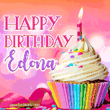 A vibrant birthday GIF featuring a rainbow-colored cupcake topped with white frosting, sprinkles, and a lit candle. The text reads 'Happy Birthday Edona' in bold pink and violet letters with white outline.