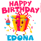 A vibrant and funny gift box character with a happy face dancing with a cupcake and the text 'Happy Birthday Edona,' surrounded by animated confetti and party vibes.