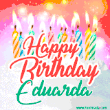 Bright birthday candles with rainbow flames on a cake, alongside the text 'Happy Birthday Eduarda' in vibrant script in this celebratory animated GIF.