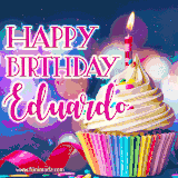 A festive animated GIF featuring a colorful cupcake with a single lit candle, sprinkles, and 'Happy Birthday Eduardo' text against a sparkling, celebratory background.