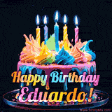 A vibrant animated GIF featuring a colorful rotating birthday cake with bright frosting swirls, glowing candles, and the text 'Happy Birthday Eduardo!' in rainbow colors.