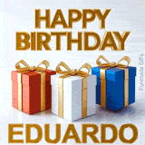 Clean and modern 3D design wishing Happy Birthday to Eduardo with three colorful bouncing gift packages casting shadows on a white surface