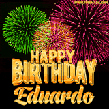 A captivating GIF with bursts of green, pink, and orange fireworks lighting up the night sky, accompanied by 'Happy Birthday Eduardo' in glowing golden text.