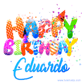Animated GIF with colorful, festive 'Happy Birthday Eduardo' text decorated with patterns, a party hat, and falling confetti. A vibrant and cheerful design for birthday celebrations.