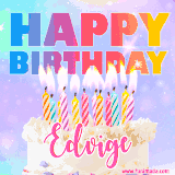 A vibrant animated name GIF with the words 'Happy Birthday Edvige' with colorful candles on a creamy cake. The background sparkles with pastel shades, adding a festive touch.