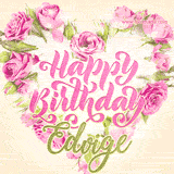 A stunning heart made of pink roses surrounds the elegant script text 'Happy Birthday Edvige' on a soft beige background. Animated sparkles add a magical and festive feel.