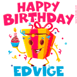 A vibrant and funny gift box character with a happy face dancing with a cupcake and the text 'Happy Birthday Edvige,' surrounded by animated confetti and party vibes.