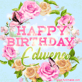 A charming animated GIF featuring 'Happy Birthday Edwena' in pink and green text, surrounded by delicate roses, leaves, and fluttering butterflies on a soft light blue pastel background.