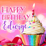 A vibrant birthday GIF featuring a rainbow-colored cupcake topped with white frosting, sprinkles, and a lit candle. The text reads 'Happy Birthday Edwige' in bold pink and violet letters with white outline.